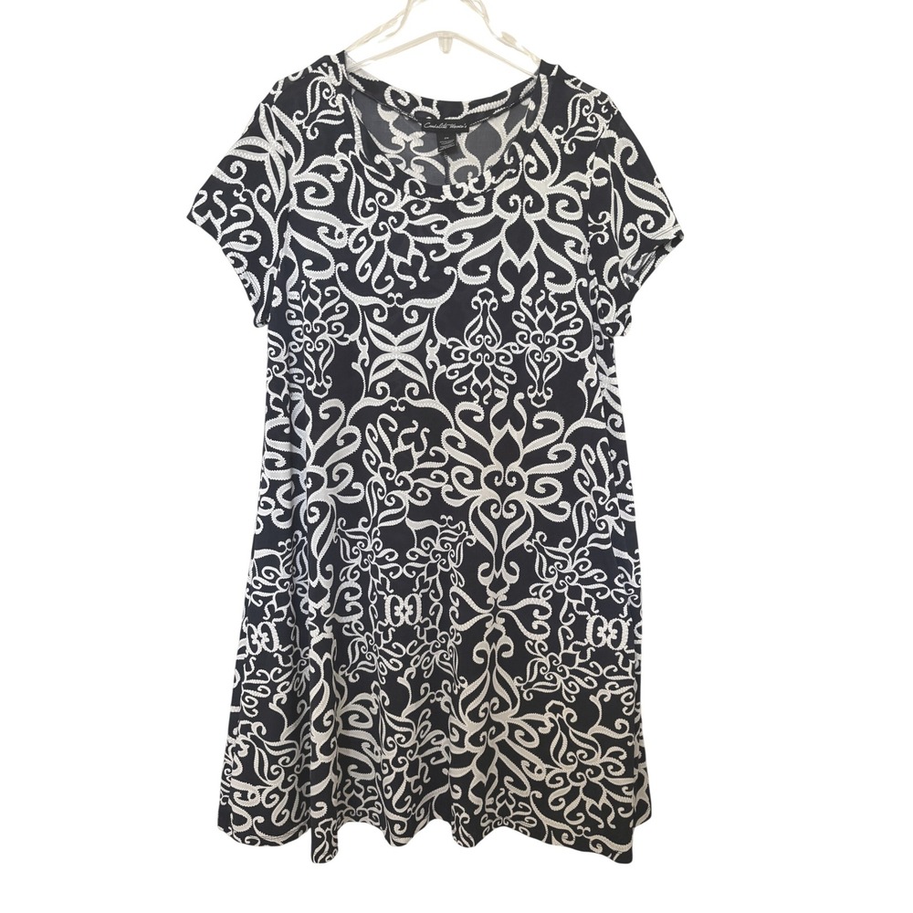 Candalite Women Dress 2X Navy Blue White Damask Shift Cap Sleeve Scoop Neck EUC